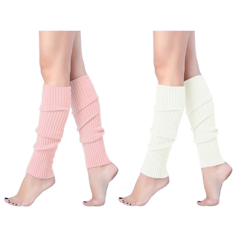 v28 Women Juniors 80s Eighty's Ribbed Leg Warmers for Party Sports,2(Pink+White) - Image 1